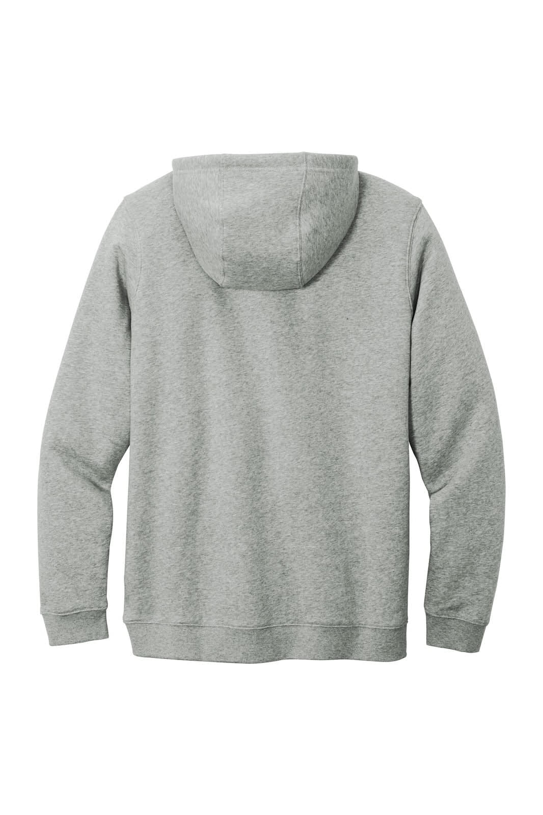 A grey pullover hoodie with a hood, featuring a plain design and a branded logo.