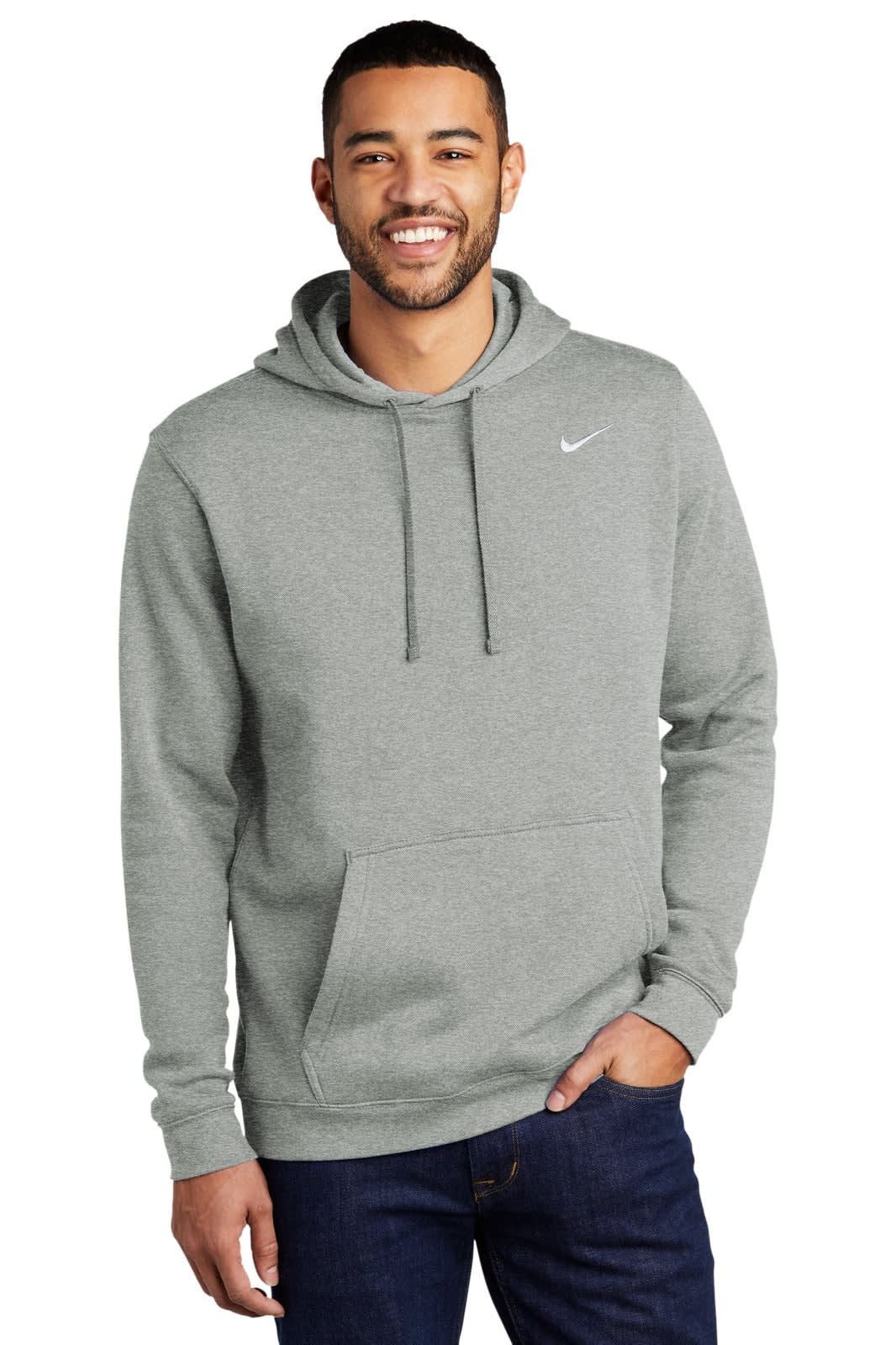 A grey Nike Club Fleece Pullover Hoodie with a front kangaroo pocket and a logo on the chest.