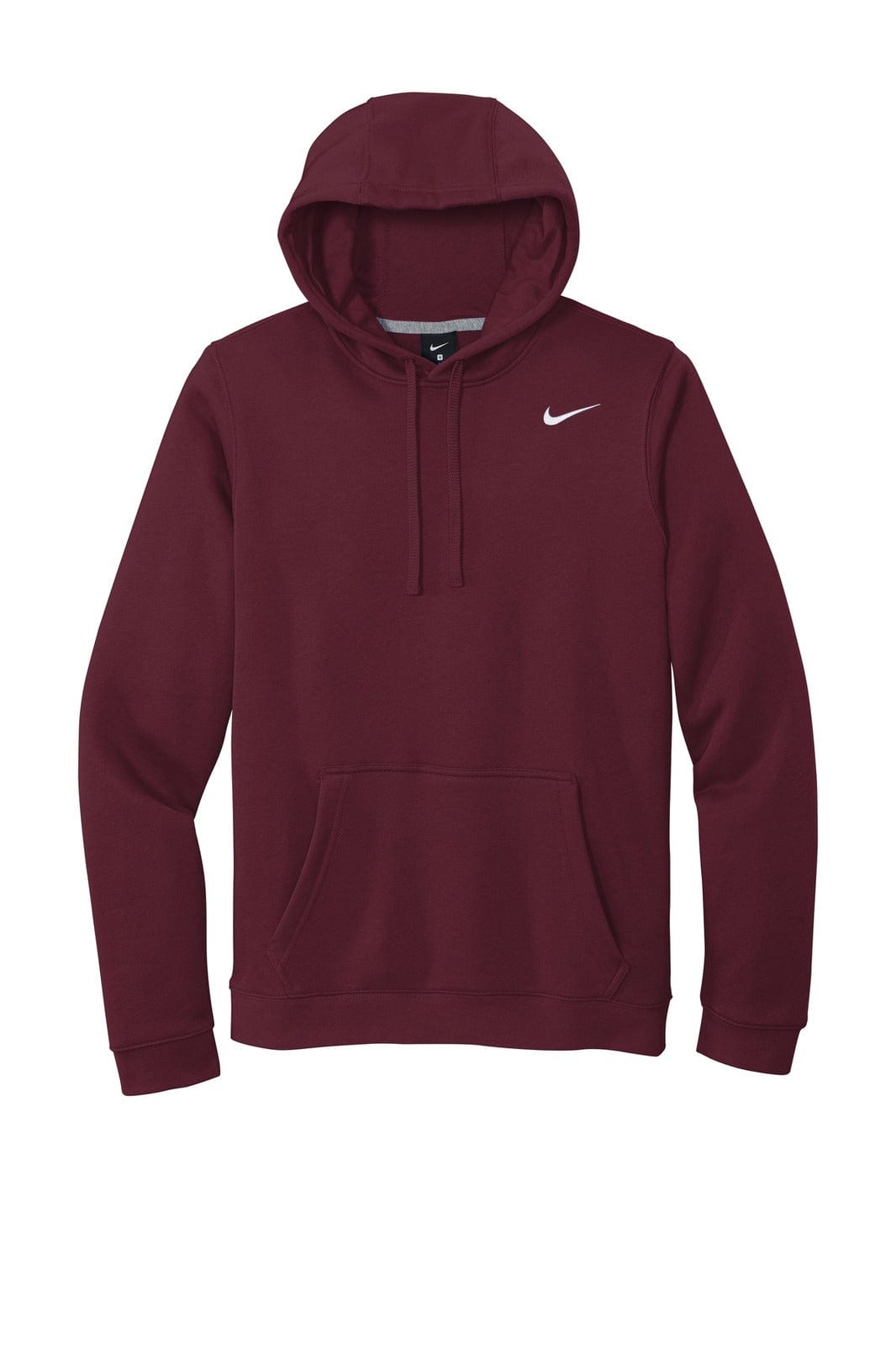 A maroon Nike Club Fleece pullover hoodie features a front pocket and a hood, with a logo on the chest.