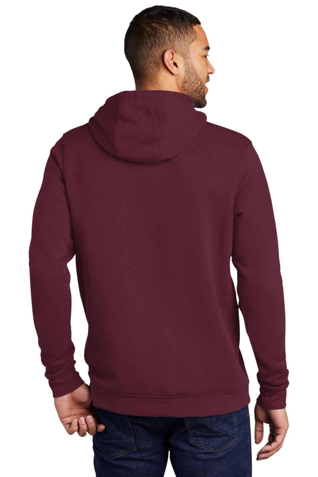 A maroon Nike Club Fleece pullover hoodie displayed from the back, featuring a hood and a branded design.
