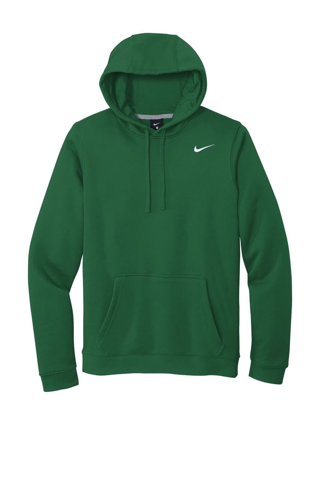 A green Nike Club Fleece pullover hoodie with a front pouch pocket and a hood, featuring a logo.