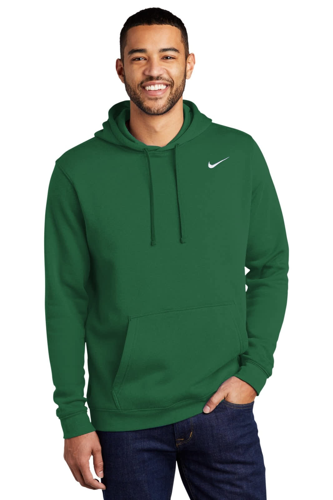 A green Nike Club Fleece Pullover Hoodie featuring a front pocket and a logo on the chest.