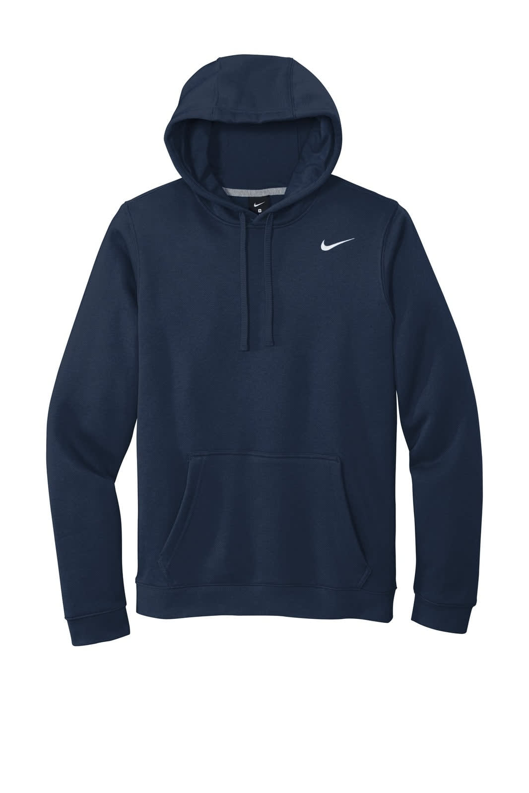 A navy blue Nike Club Fleece Pullover Hoodie with a front pocket and a hood, featuring a branding logo.