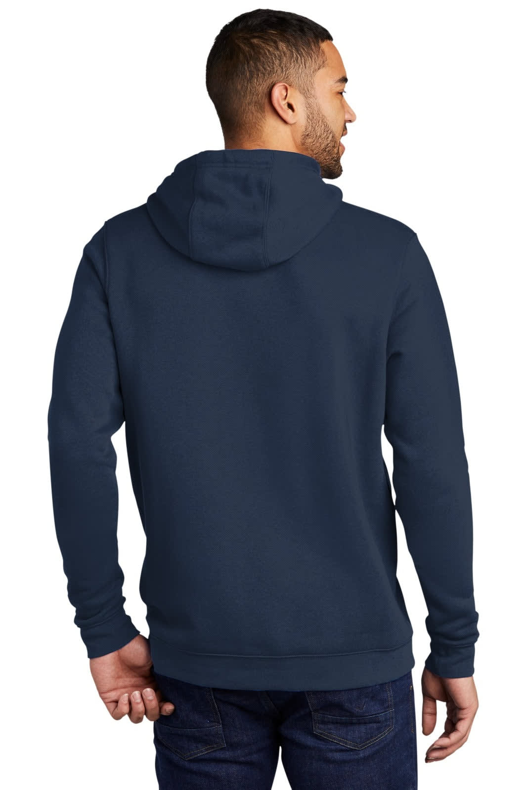 A navy pullover hoodie with a logo, featuring a hood and long sleeves, viewed from the back.