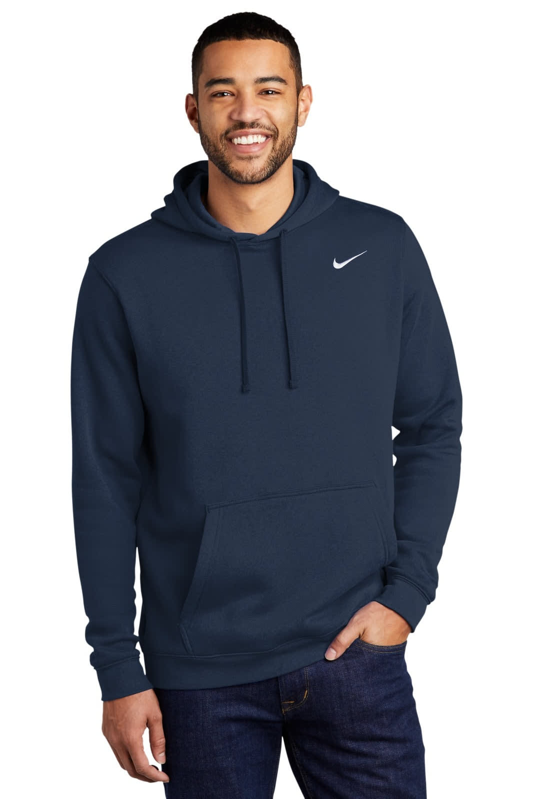 A navy blue Nike Club Fleece pullover hoodie with a front pocket and a logo on the chest.