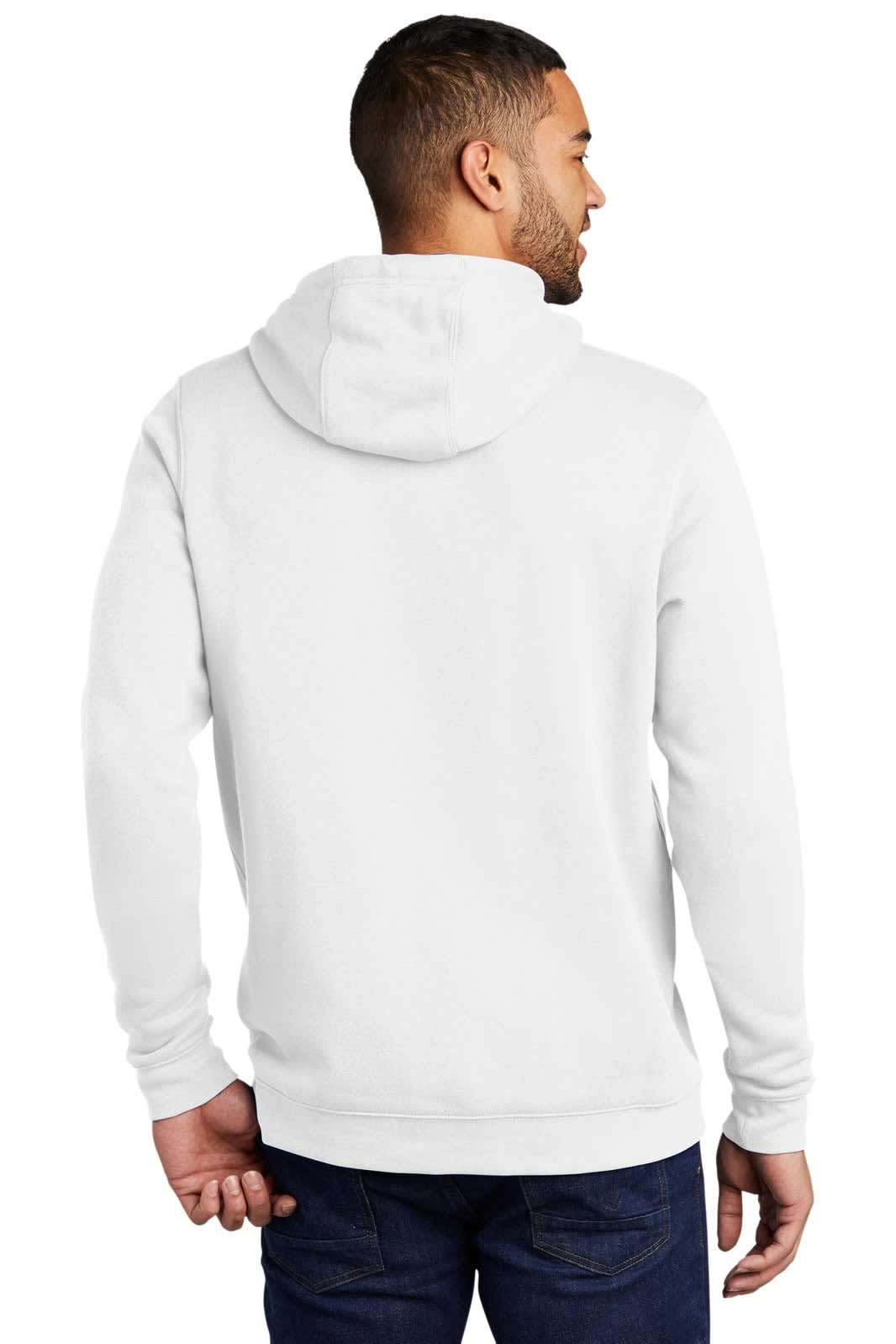 A white Nike Club Fleece Pullover Hoodie featuring a hood and a logo on the back, modelled by a person.