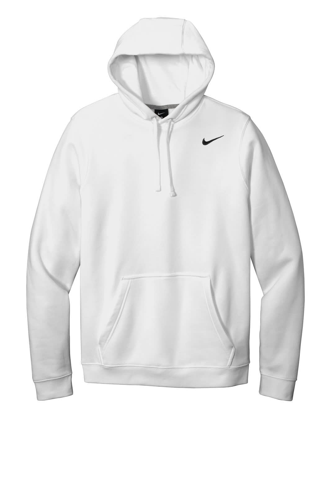 A white Nike Club Fleece pullover hoodie featuring a front pocket and a hood, with a logo.
