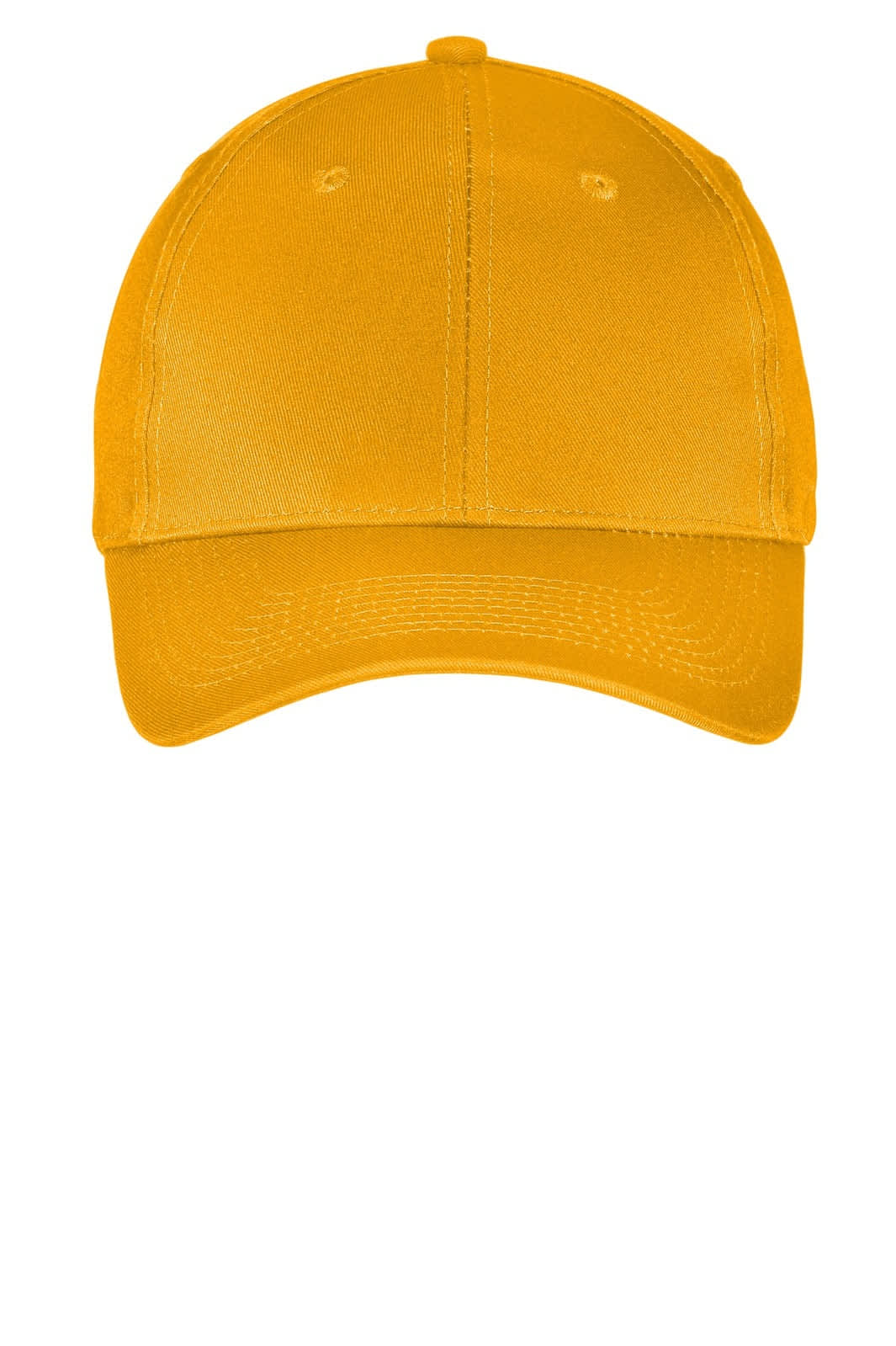 A yellow six-panel twill cap with a front panel and a curved brim, featuring a logo.