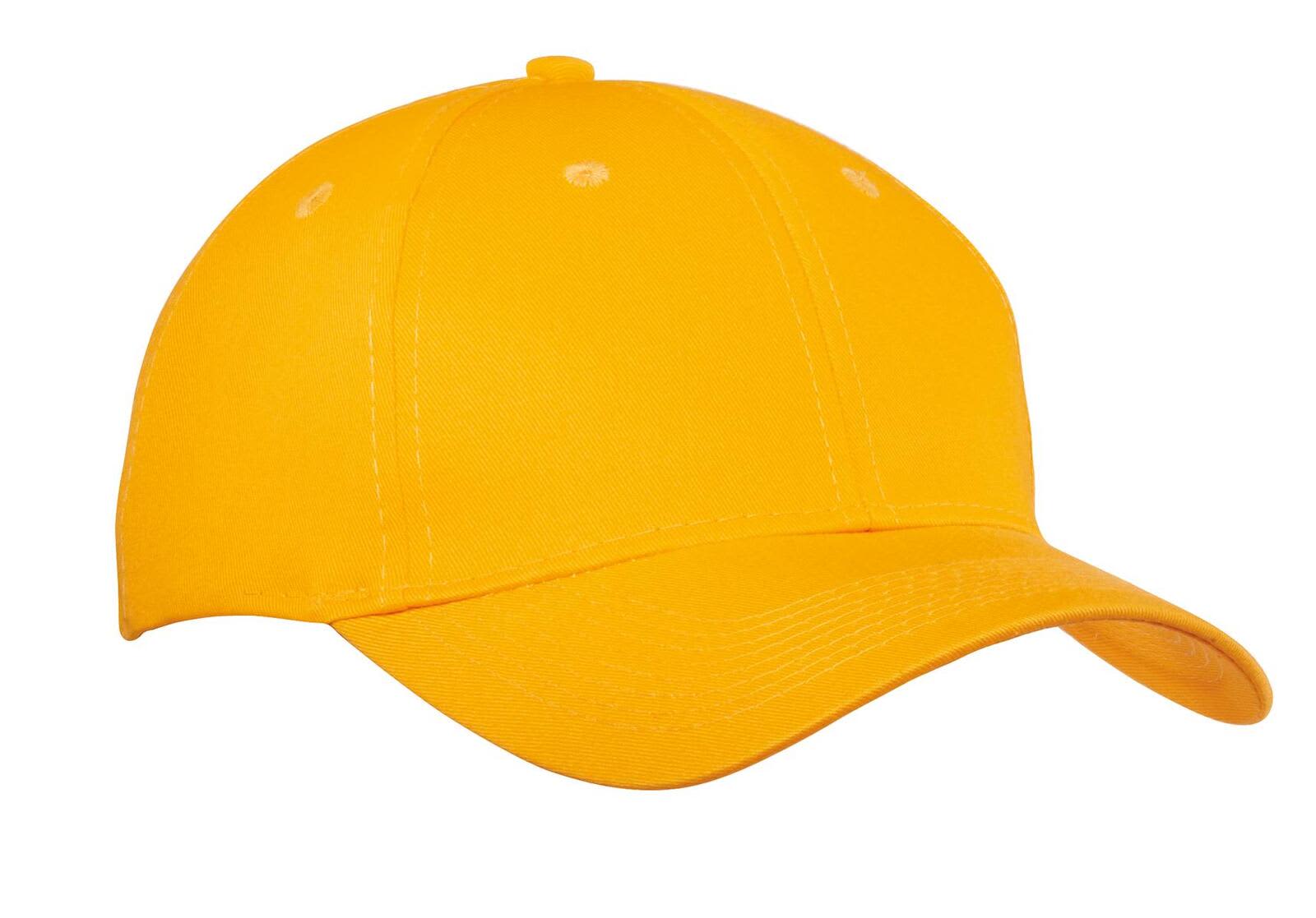 A bright yellow six-panel twill cap featuring a logo on the front and a curved brim.