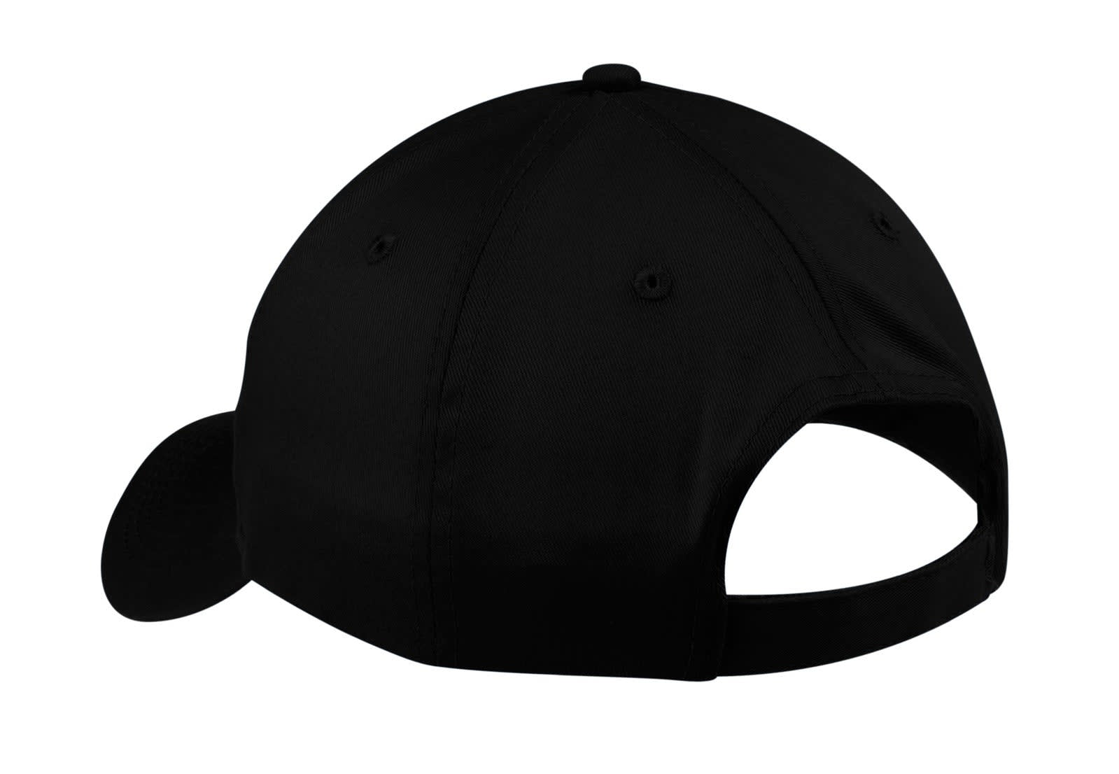 A black six-panel twill cap with an adjustable back and ventilation holes. It features a logo on the front.