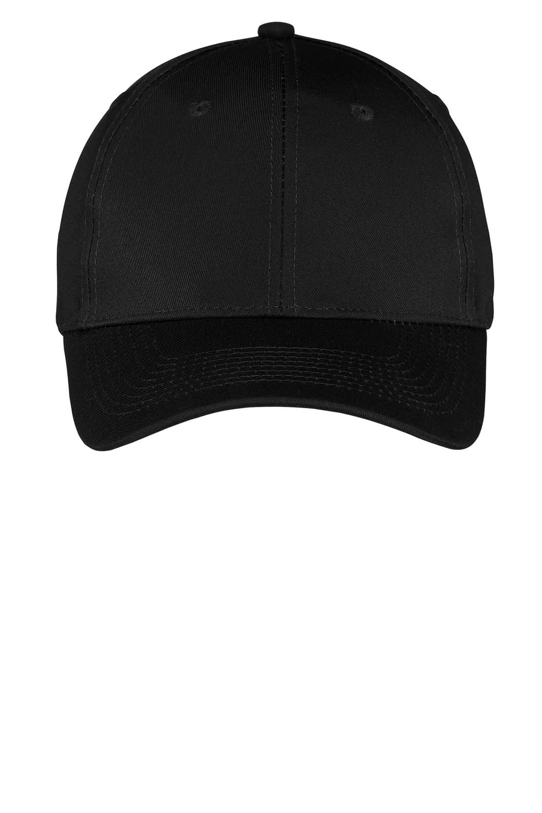 A black six-panel twill cap featuring a curved brim and a logo on the front.