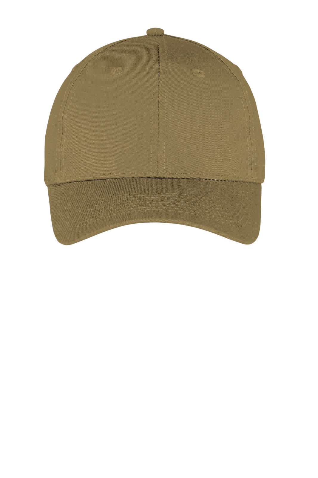 A khaki six-panel twill cap with a curved brim and a logo on the front.