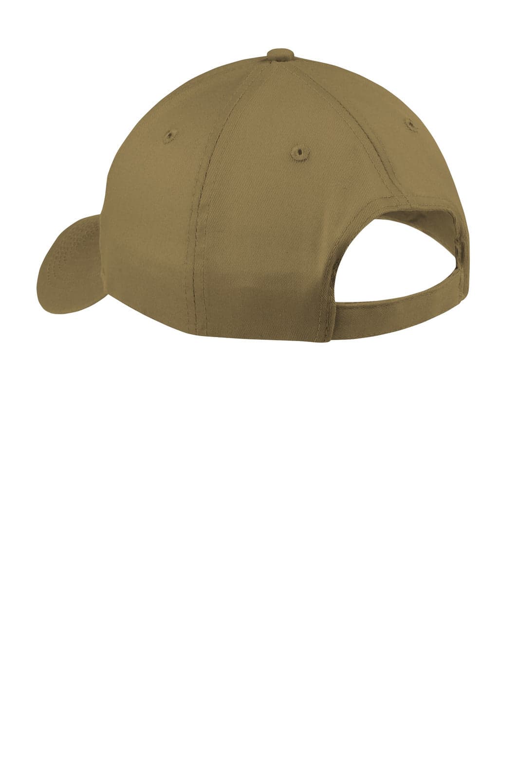 A khaki six-panel twill cap with a curved brim and an adjustable back strap, featuring a logo.