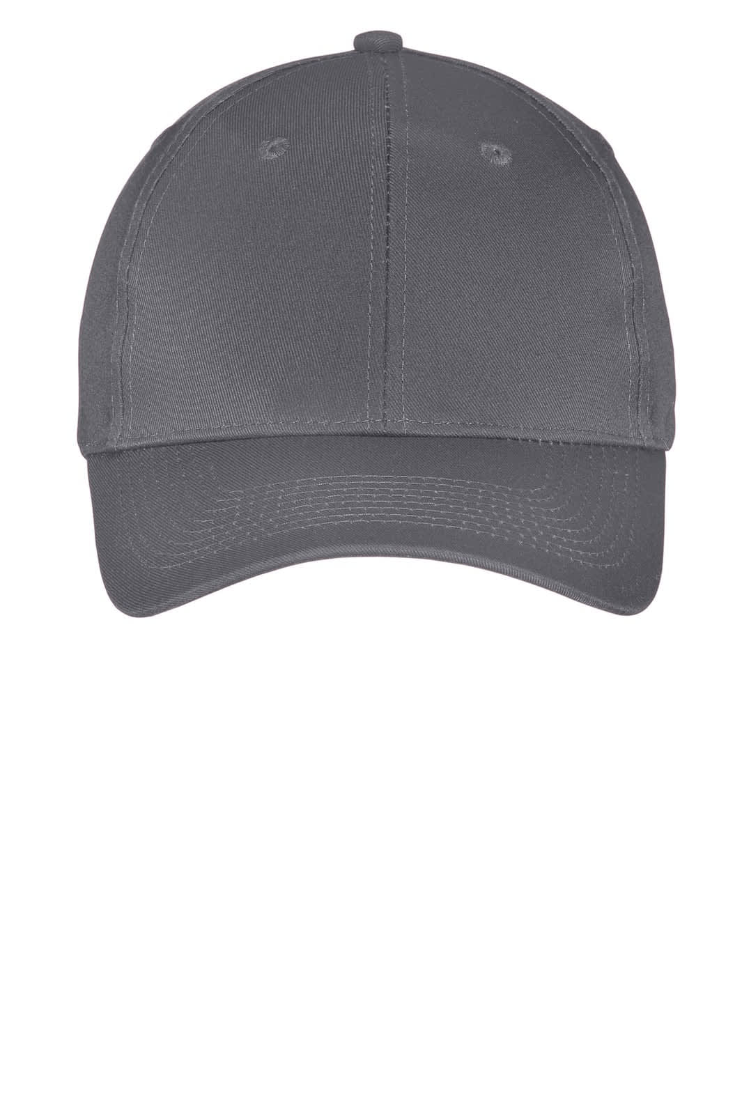 A grey six-panel twill cap featuring a logo, designed for casual wear.