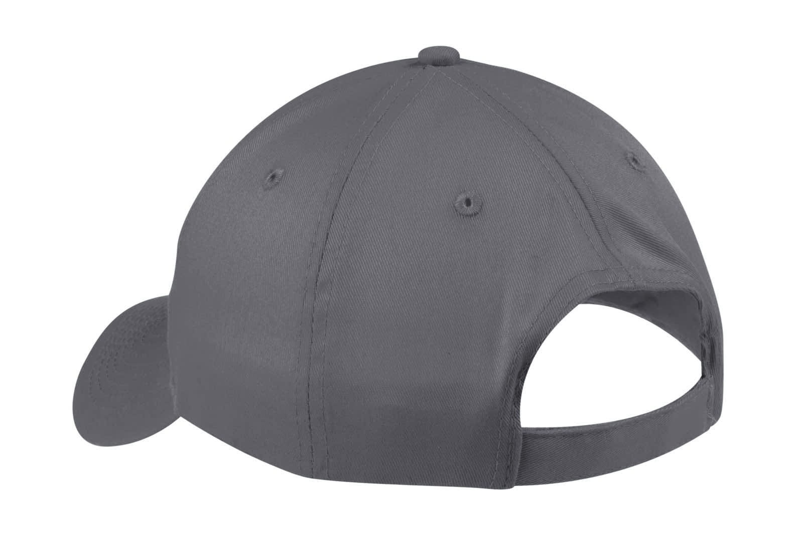A grey six-panel twill cap with a curved brim and an adjustable strap at the back.