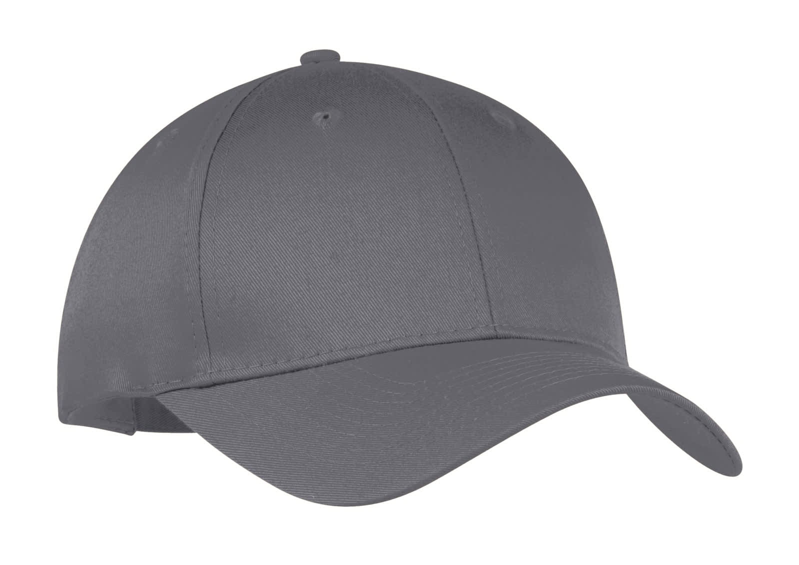 A grey six-panel twill cap featuring a curved brim and a logo on the front. Ideal for casual wear.