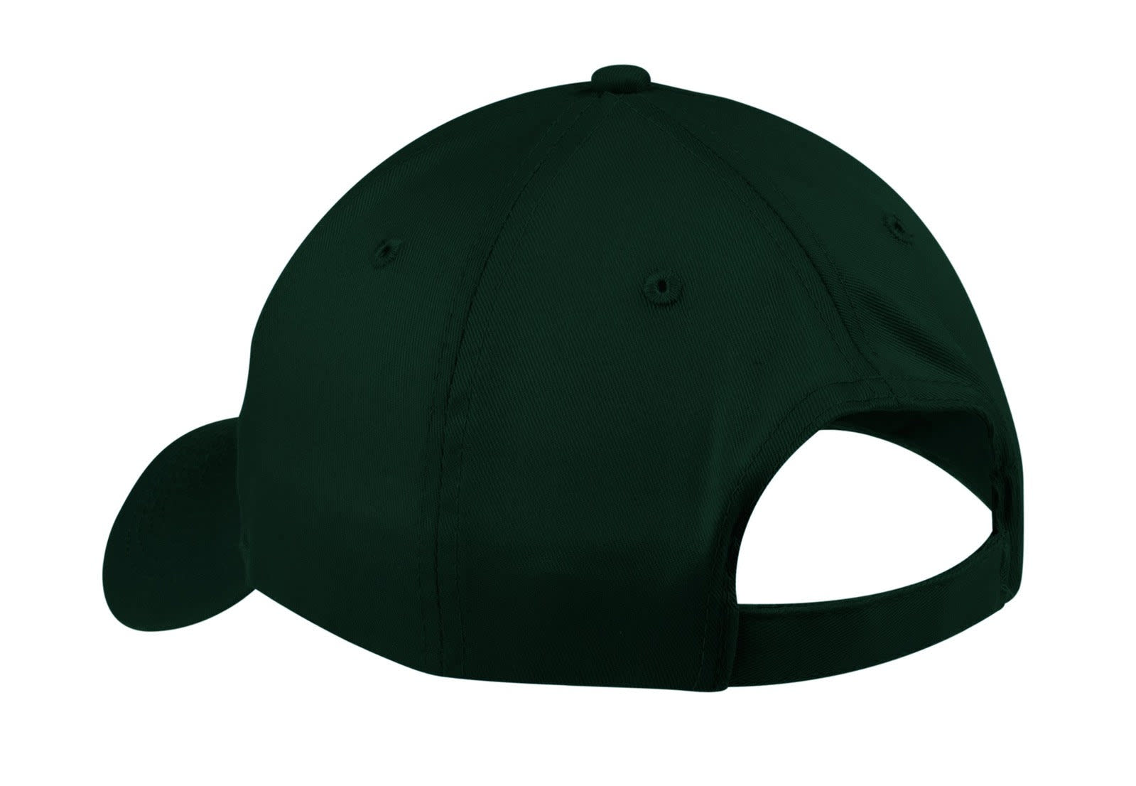 A dark green six-panel twill cap featuring a branded logo on the back and an adjustable strap.