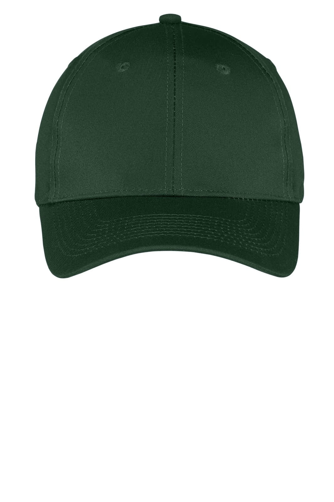 A green six-panel twill cap with a curved brim and a logo on the front.