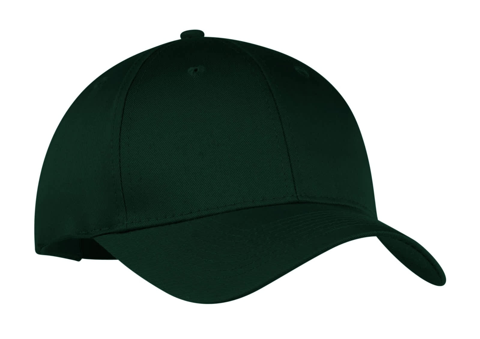 A dark green six-panel twill cap with a curved brim and an adjustable strap, featuring a logo on the front.