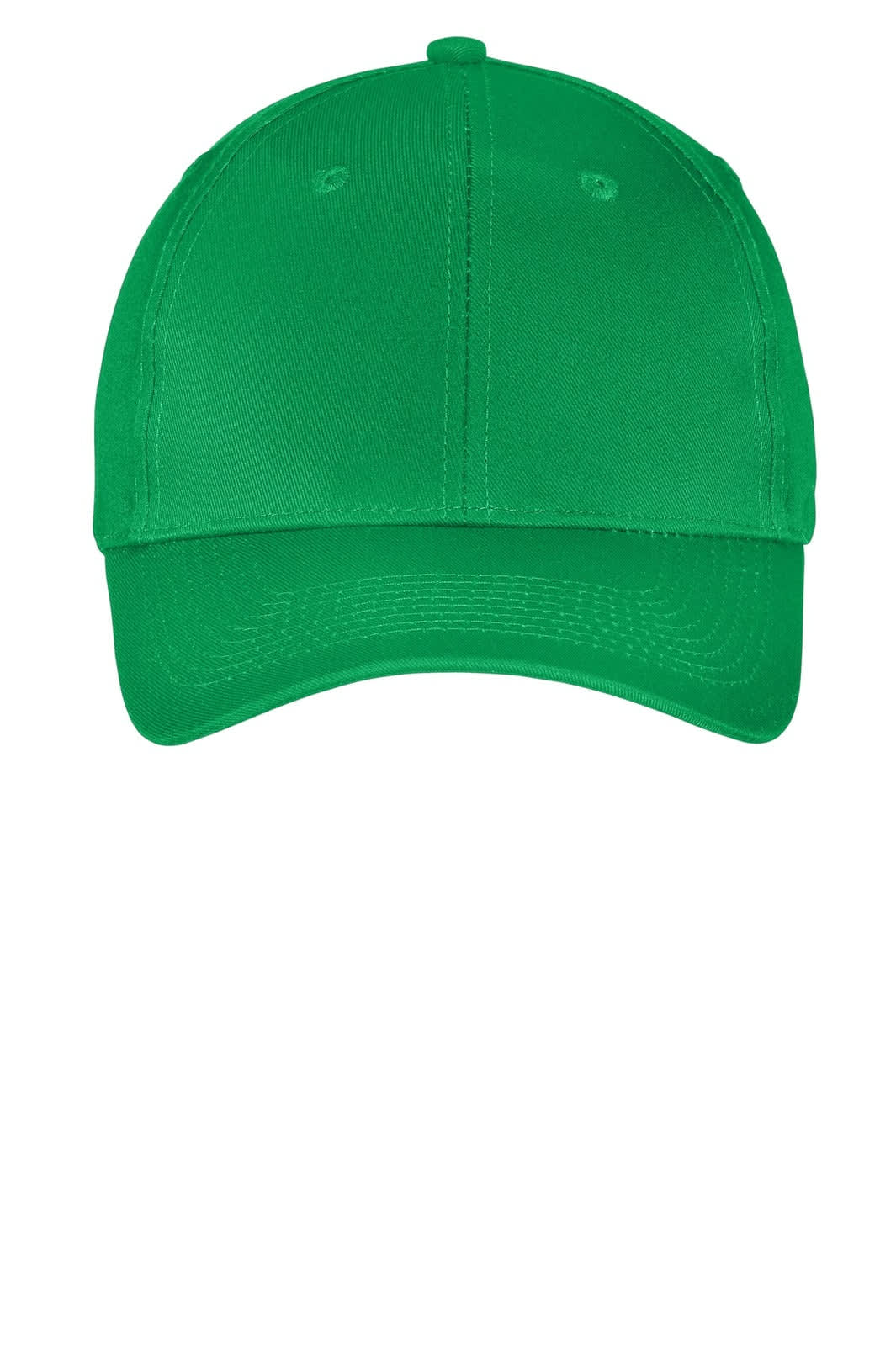 A green six-panel twill cap with a logo on the front and a curved brim.