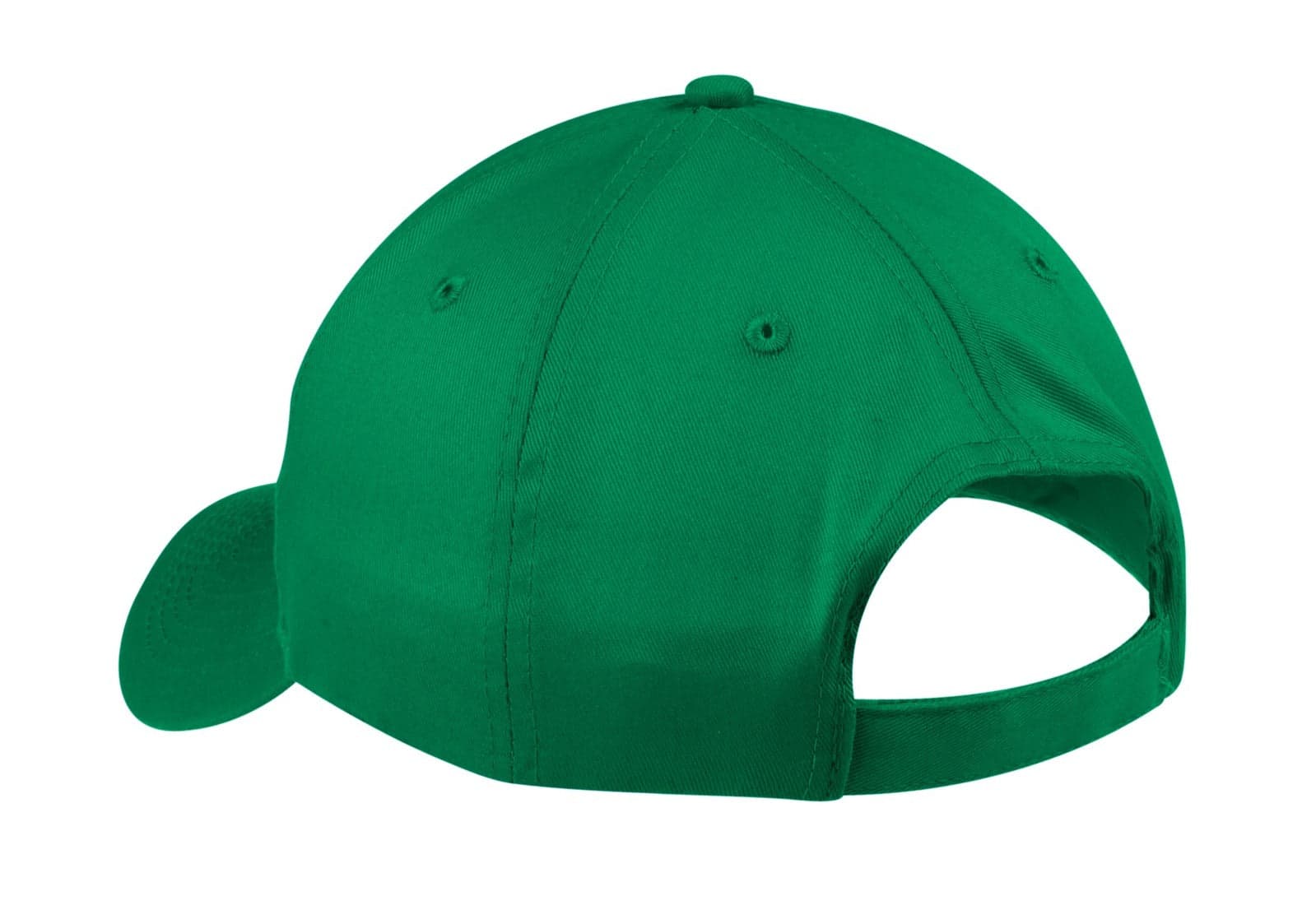 A green six-panel twill cap with a curved brim and an adjustable strap at the back. It features a logo.