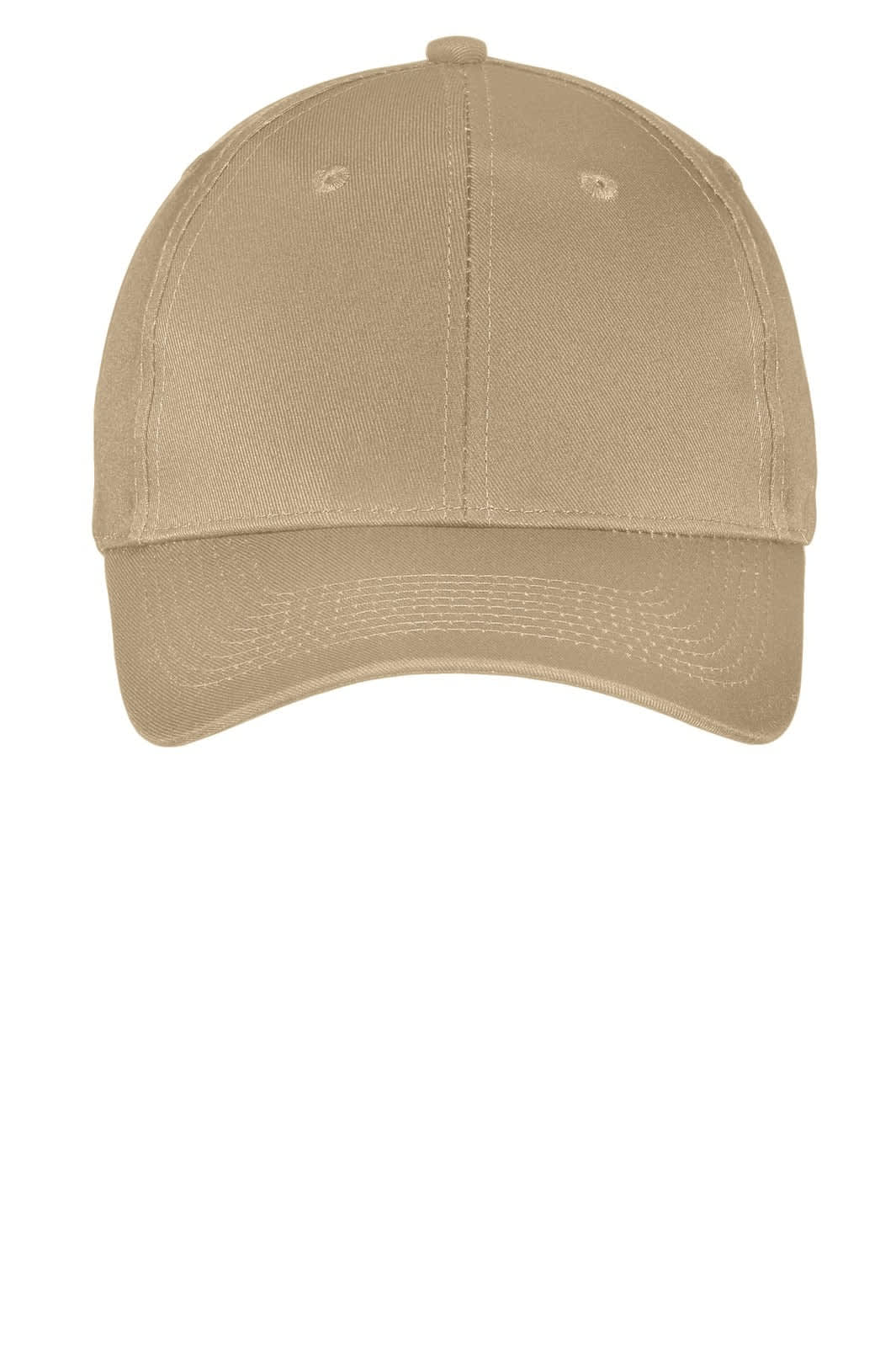 A six-panel twill cap in a light tan colour, featuring a simple design and a logo on the front.