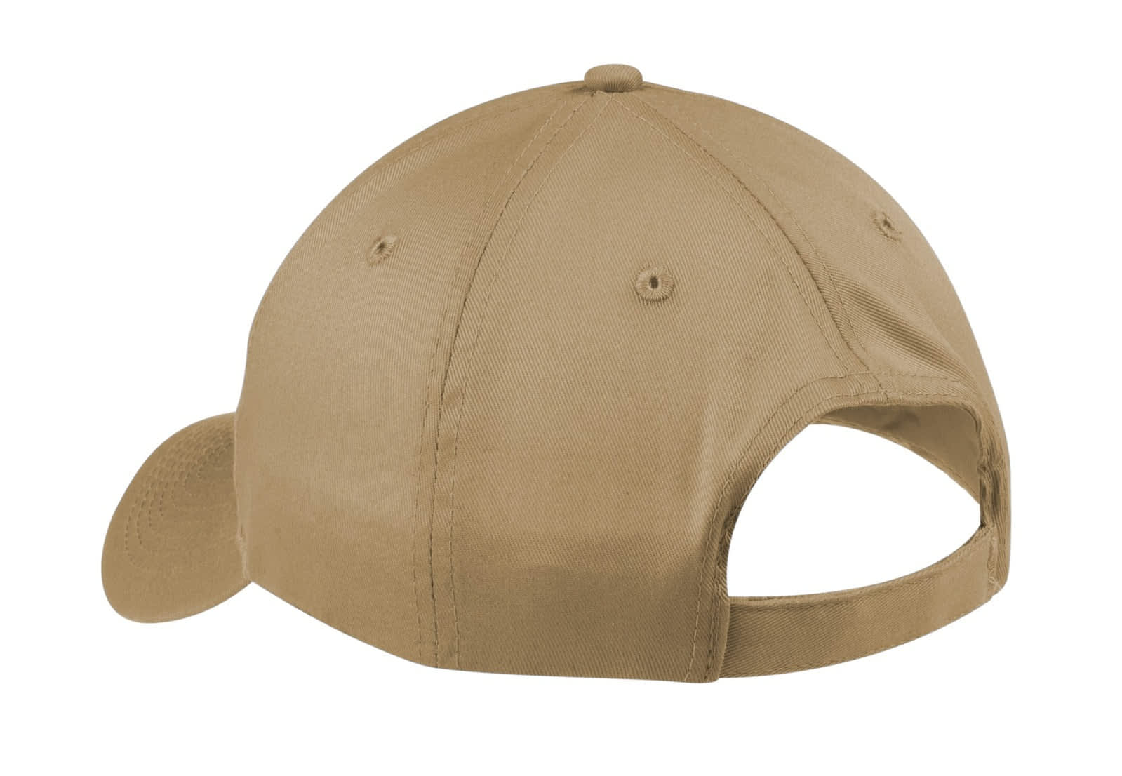 A khaki six-panel twill cap with a curved peak and an adjustable back strap, featuring a logo.