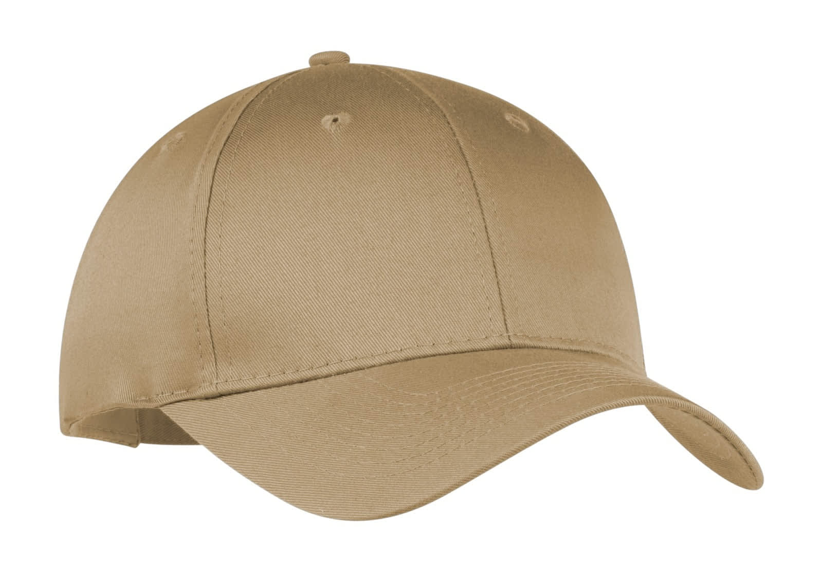 A beige six-panel twill cap with a curved brim and a logo on the front.