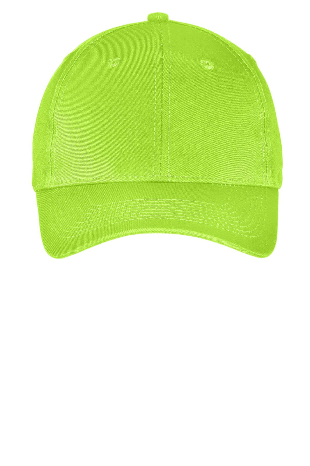 A bright neon green six-panel twill cap with a structured design and a logo on the front.