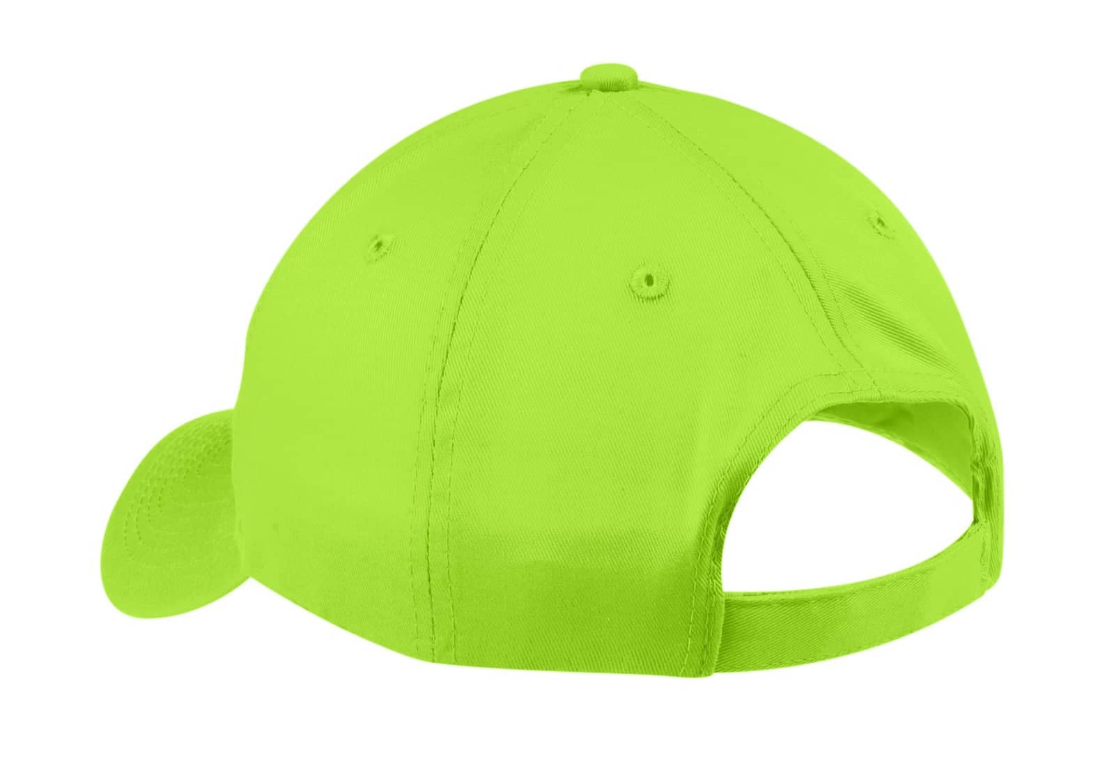 A bright neon green six-panel twill cap with a curved peak and adjustable back strap.