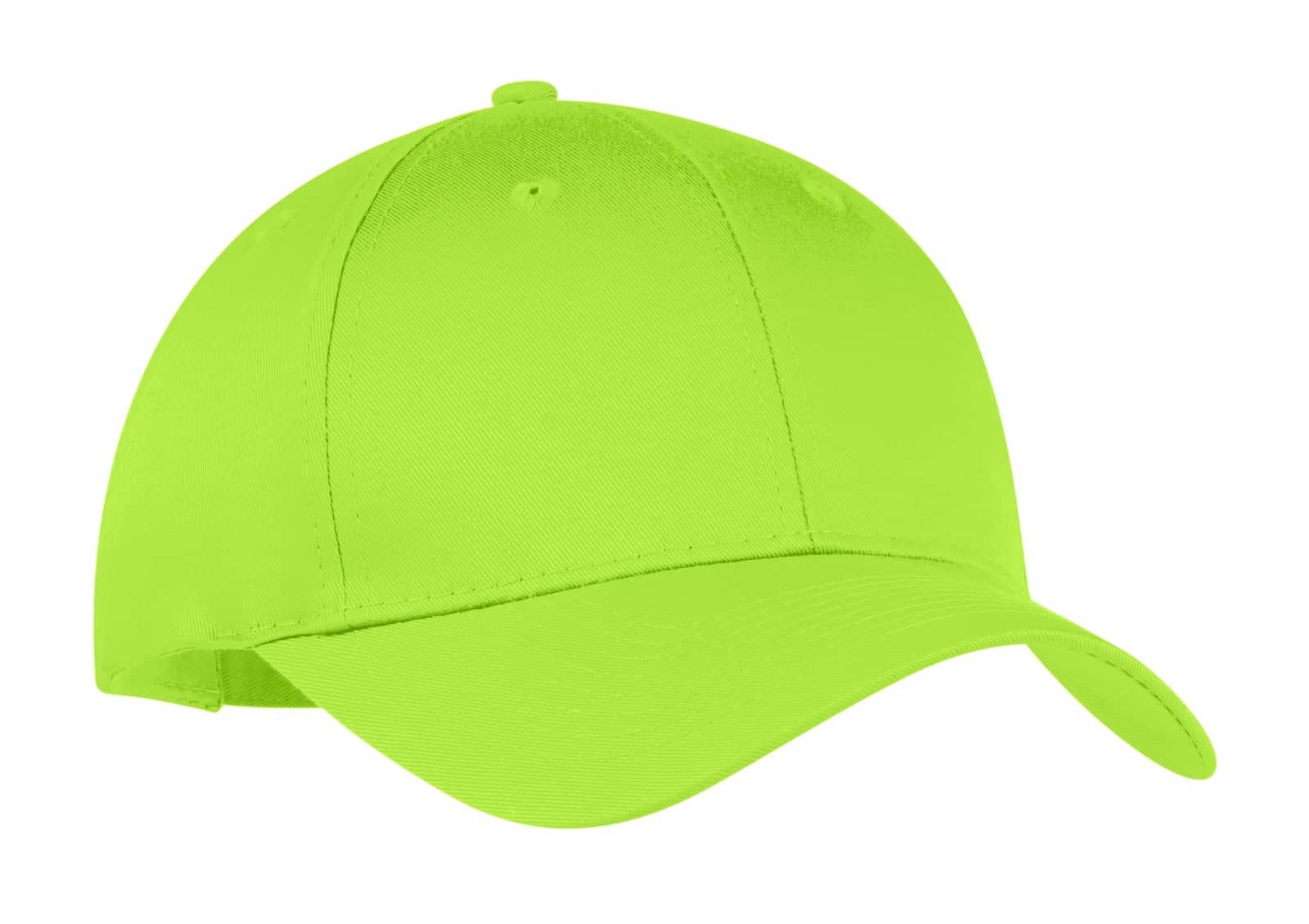 A bright lime green six-panel twill cap with a curved brim and a logo on the front.