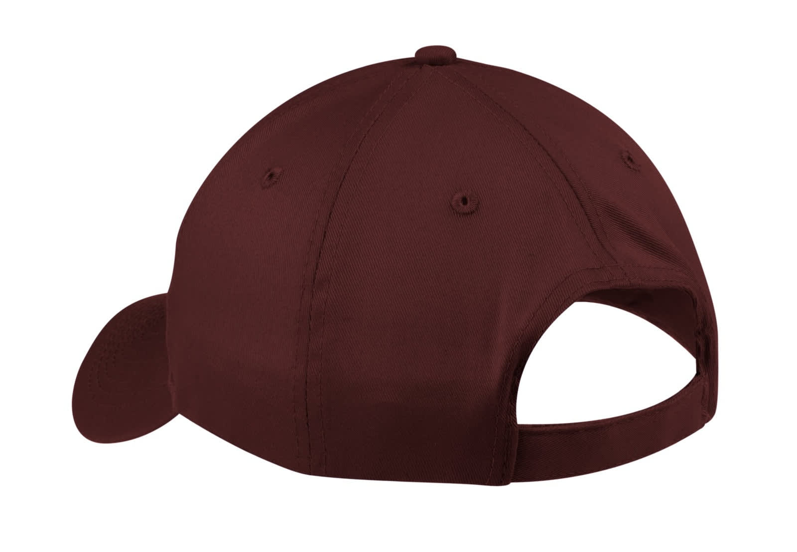 A maroon six-panel twill cap featuring a back opening and ventilating eyelets. It has a logo on the front.
