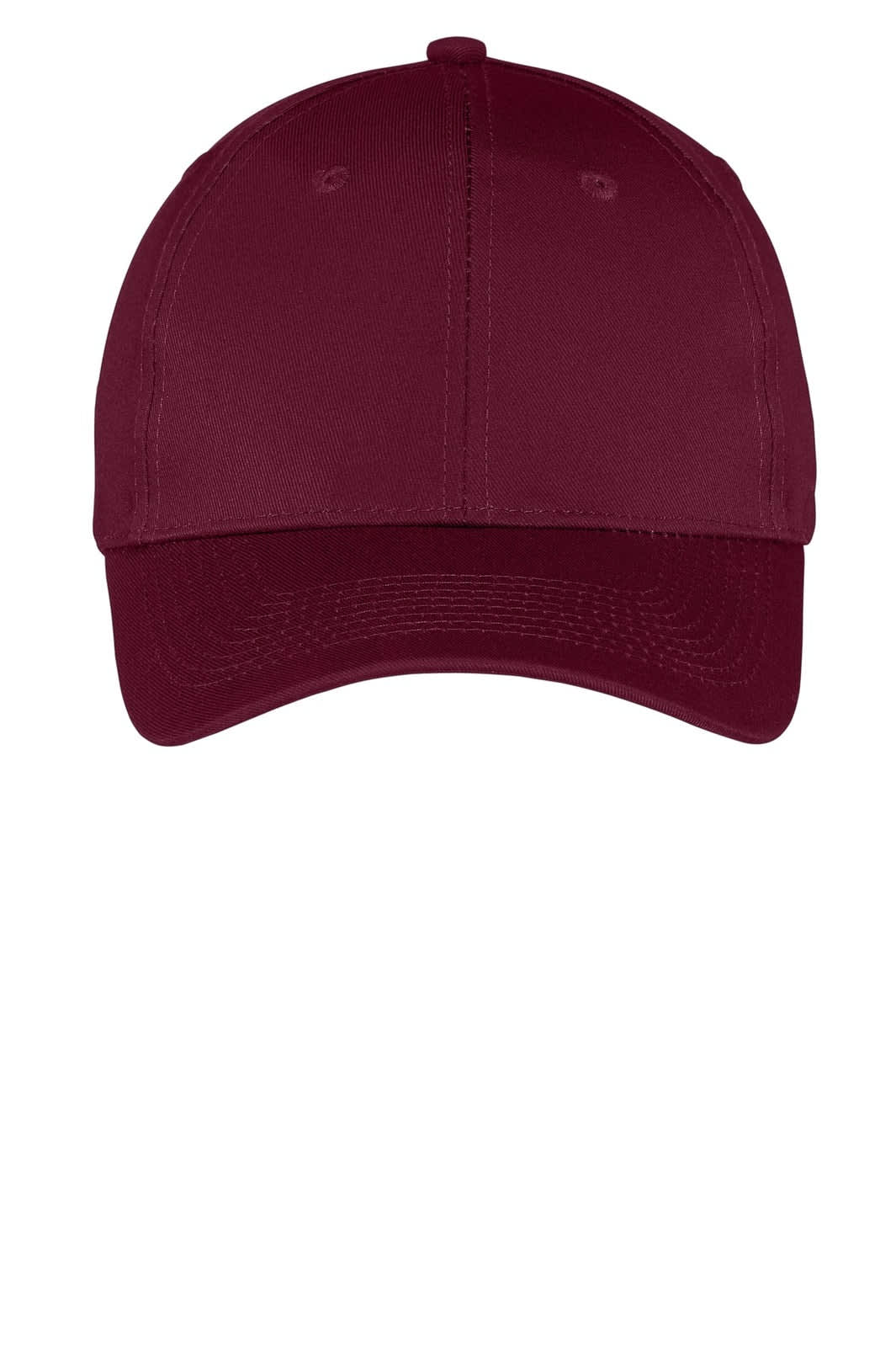 A burgundy six-panel twill cap featuring a branded logo on the front.