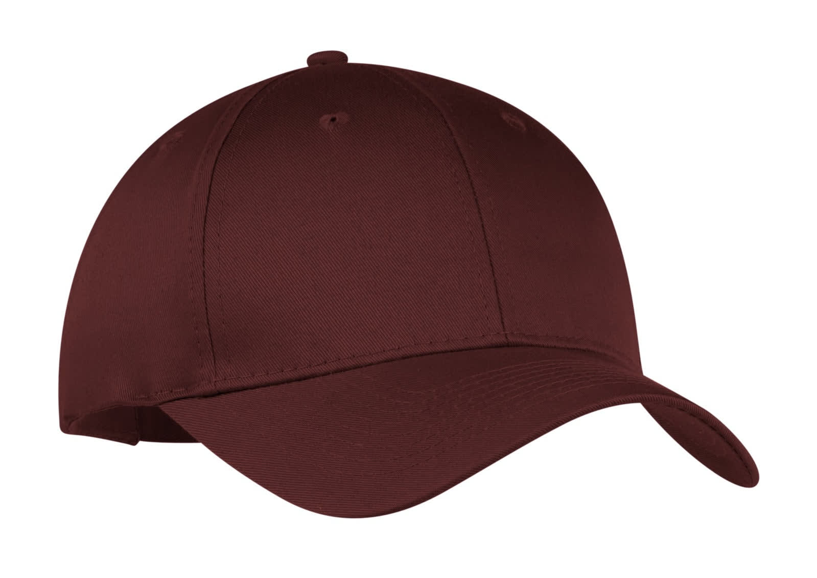 A maroon six-panel twill cap featuring a logo on the front. Ideal for casual headwear.