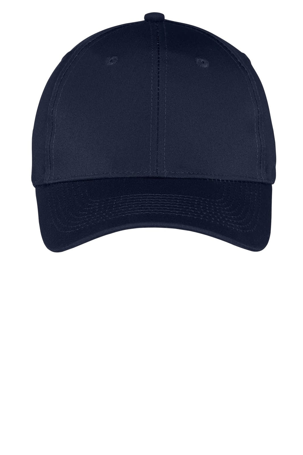 A navy blue six-panel twill cap with a flat brim and an interior sweatband. It features a logo on the front.