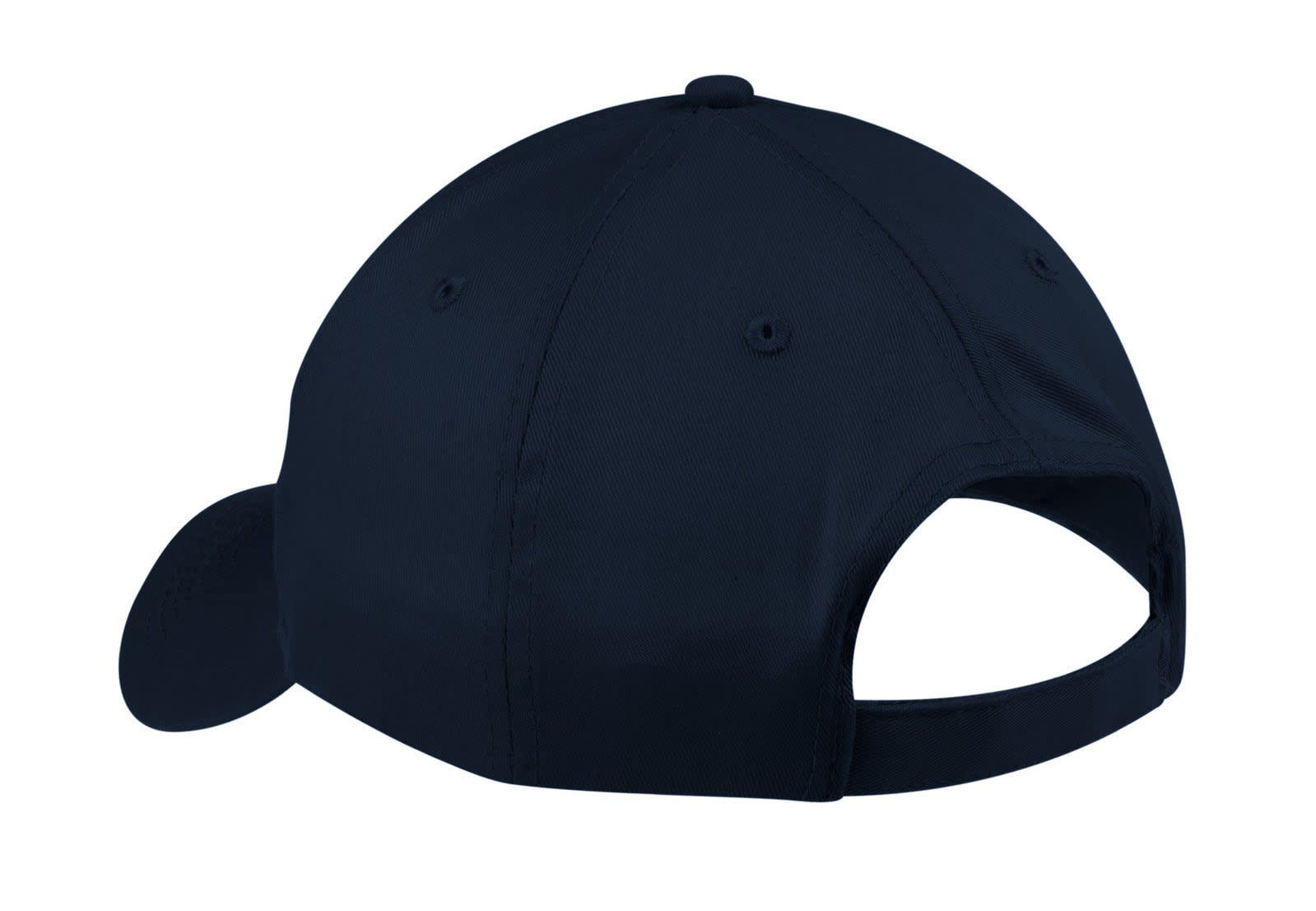 A navy blue six-panel twill cap with an adjustable back and a logo.