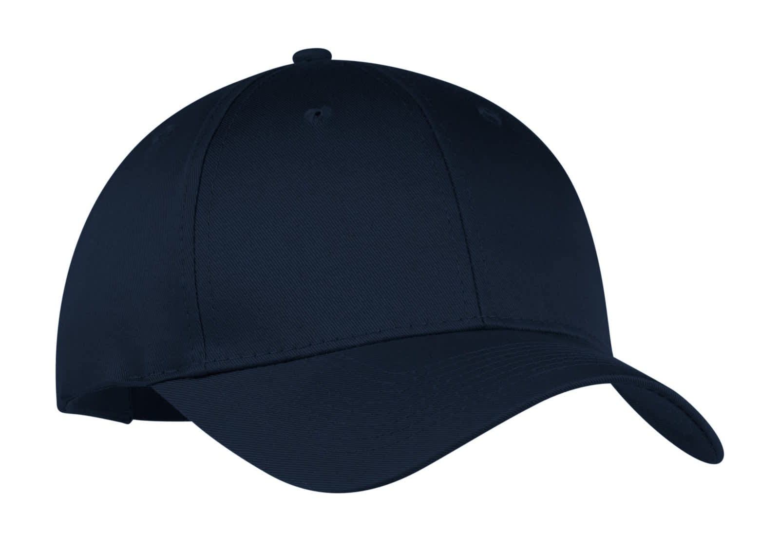 A navy six-panel twill cap featuring a curved brim and an adjustable strap at the back. It has a logo on the front.
