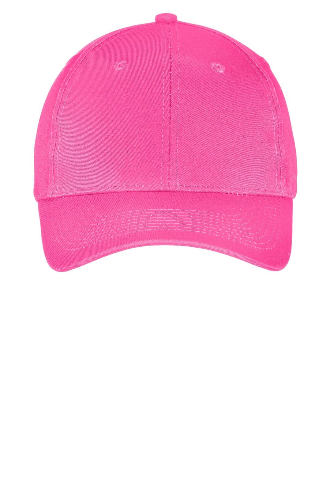 A bright pink six-panel twill cap featuring a curved brim and an adjustable strap at the back.
