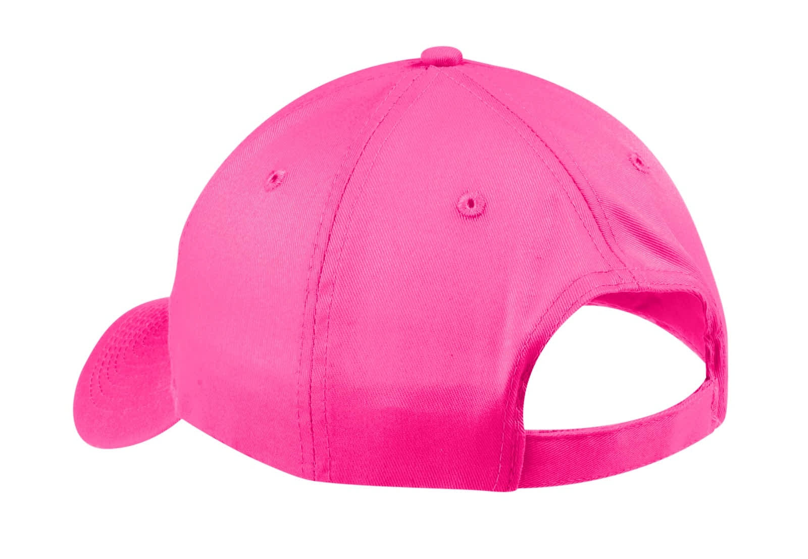 A bright pink six-panel twill cap with an open back and adjustable strap, featuring a logo.