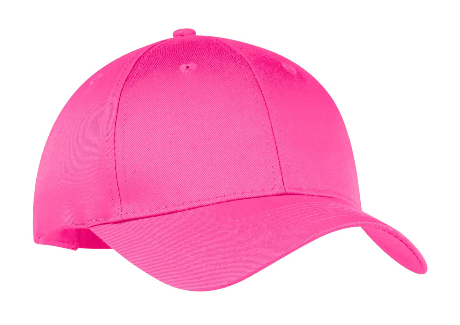 A vibrant pink six-panel twill cap featuring a curved brim and an adjustable strap at the back.