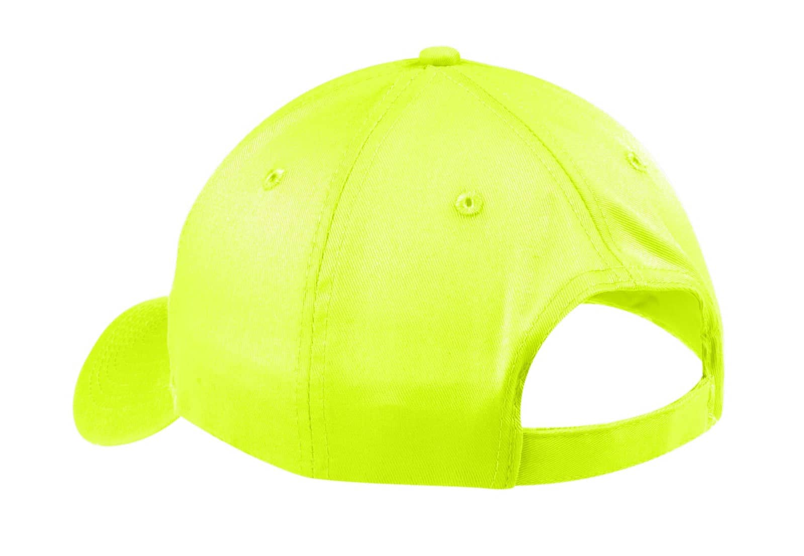A bright yellow six-panel twill cap with an open back and a logo on the side.