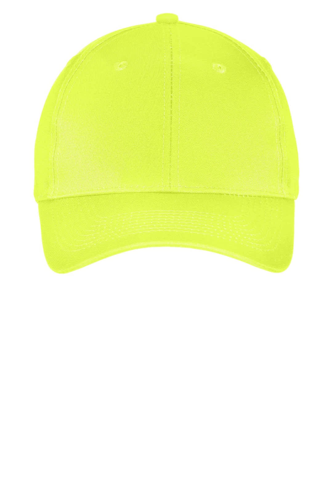 A bright yellow six-panel twill cap with stitching details and a logo on the front.