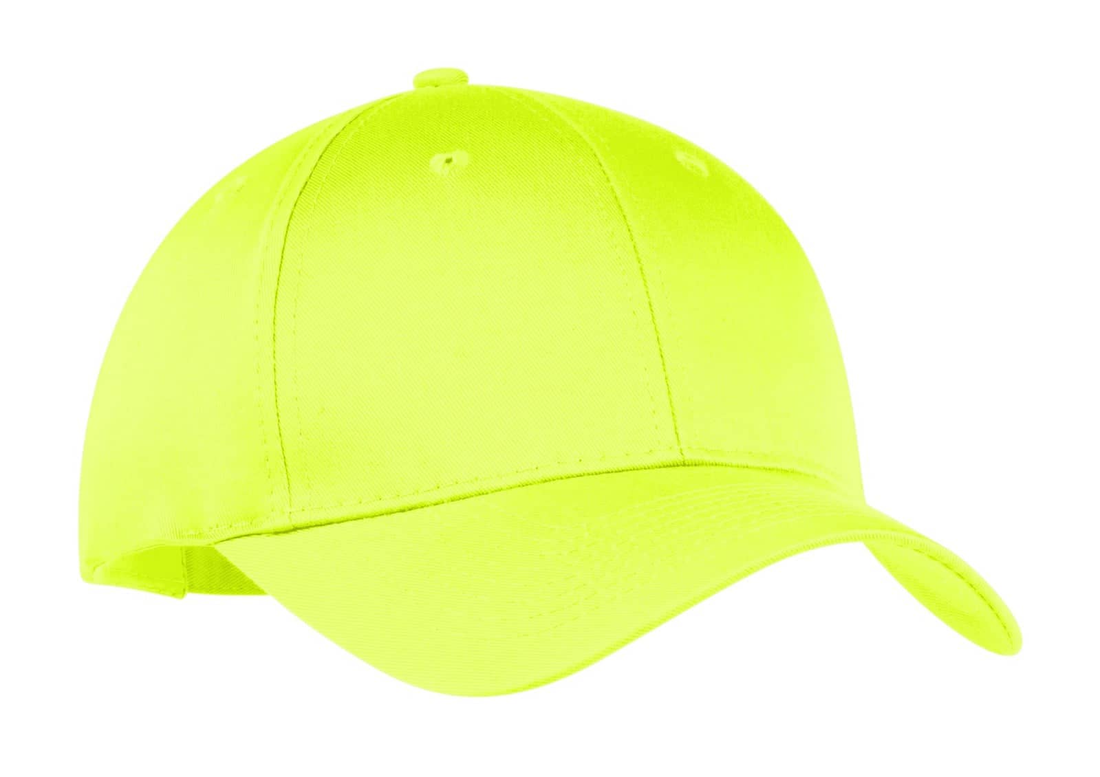 A bright neon yellow six-panel twill cap featuring a curved brim and a discrete logo.