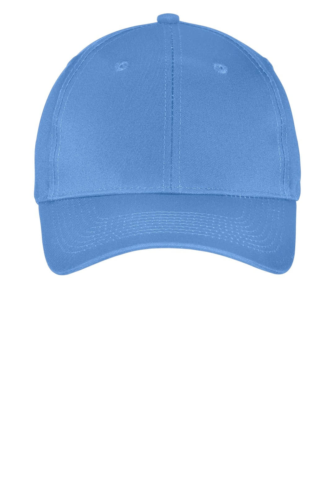 A blue six-panel twill cap featuring a logo on the front. It has a classic curved brim design.