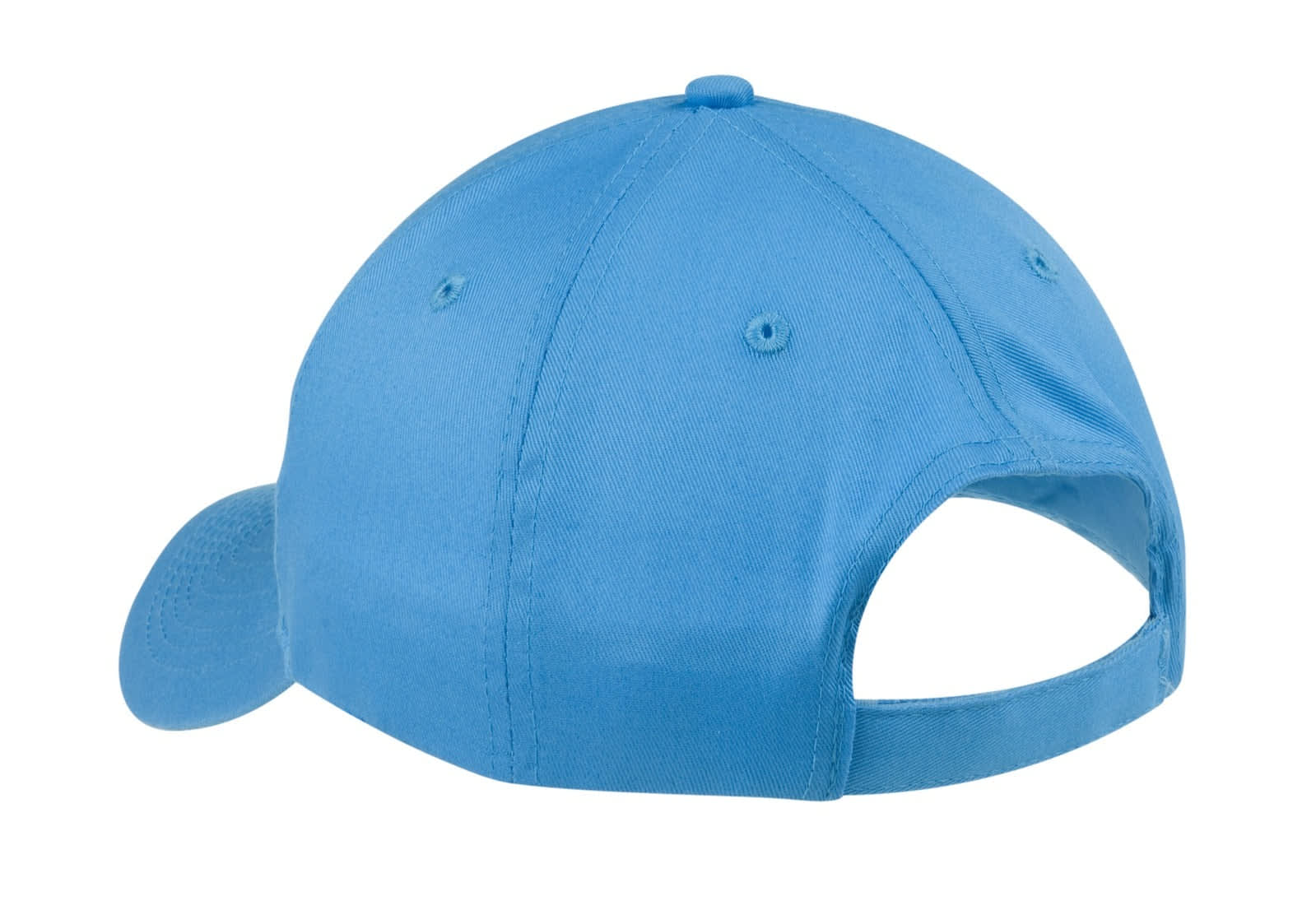 A blue six-panel twill cap with a curved brim and an adjustable back, featuring a logo.