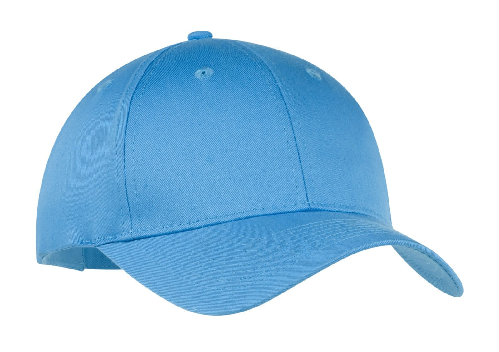 A light blue six-panel twill cap with a curved brim and an adjustable closure at the back.