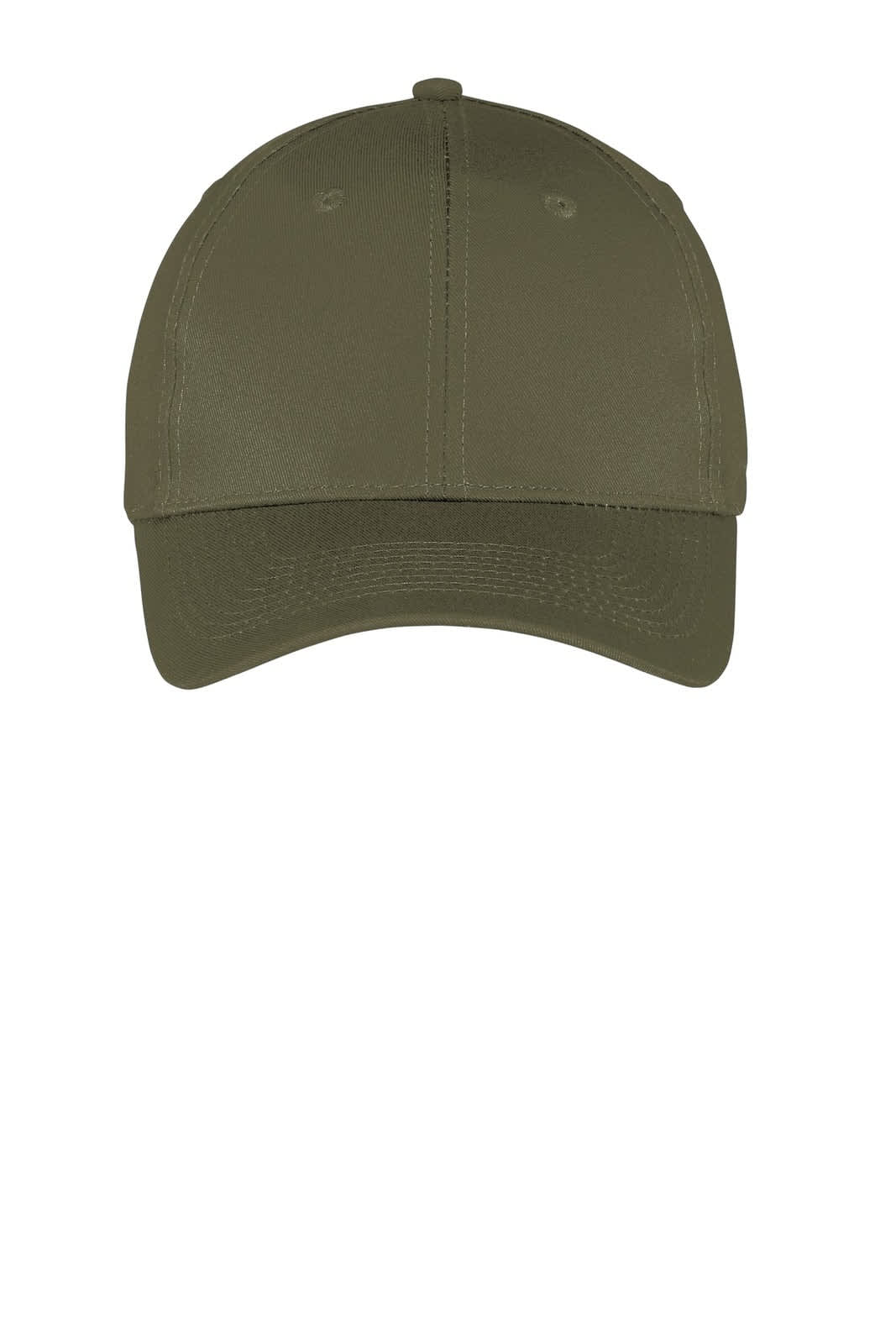 A six-panel twill cap in olive green featuring a logo on the front.