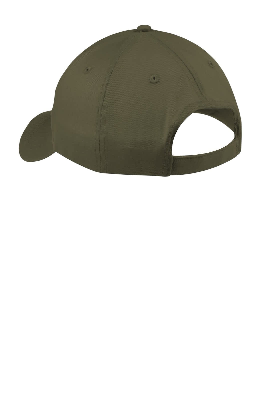 An olive green six-panel twill cap with an adjustable strap and a logo on the side.