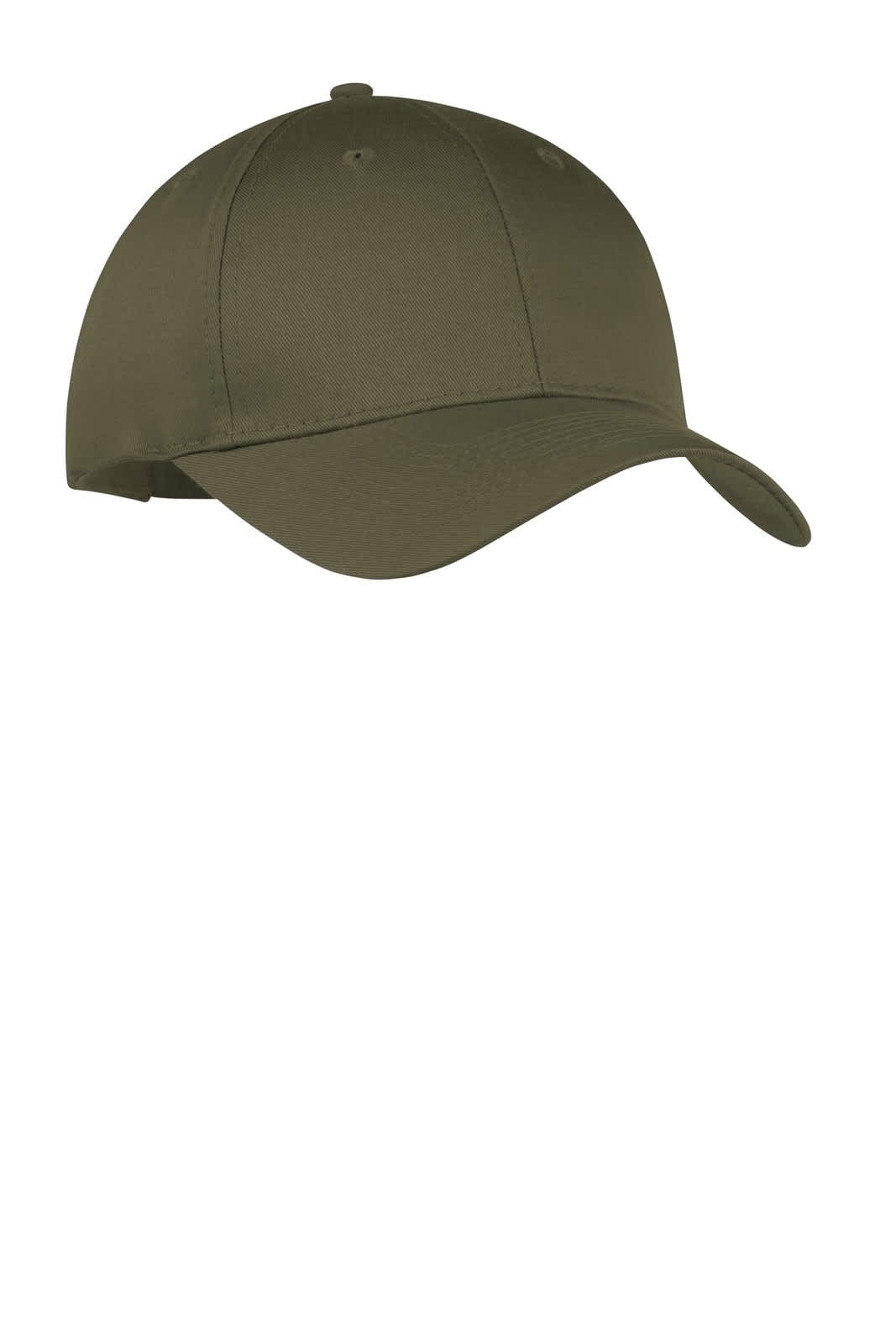 A six-panel twill cap in olive green featuring a curved brim and a logo on the front.