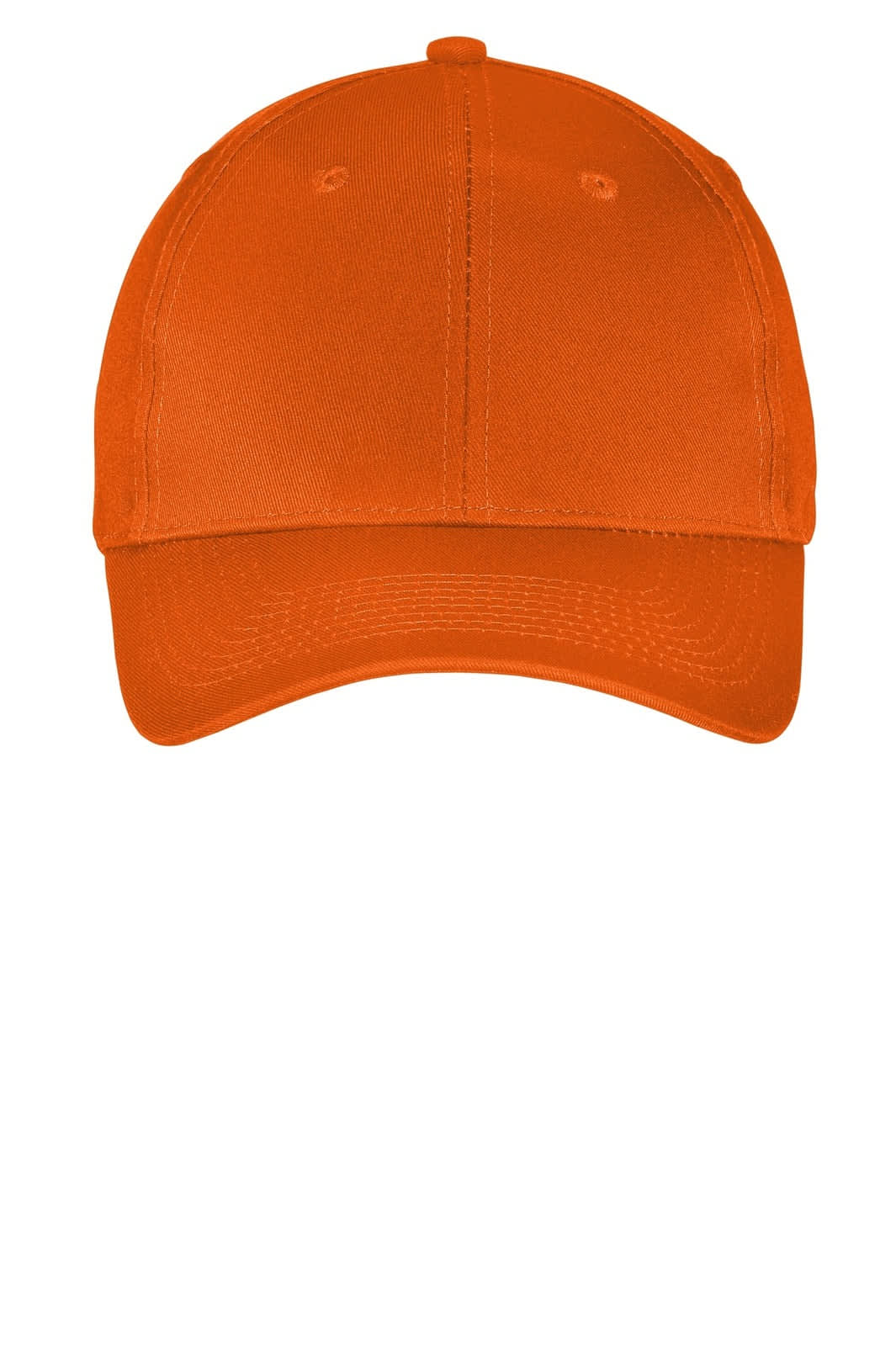 An orange six-panel twill cap featuring a curved brim and a logo on the front.